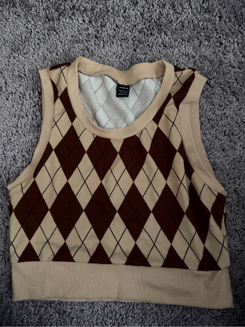SHEIN Beige and Brown Argyle Knit Tank Top